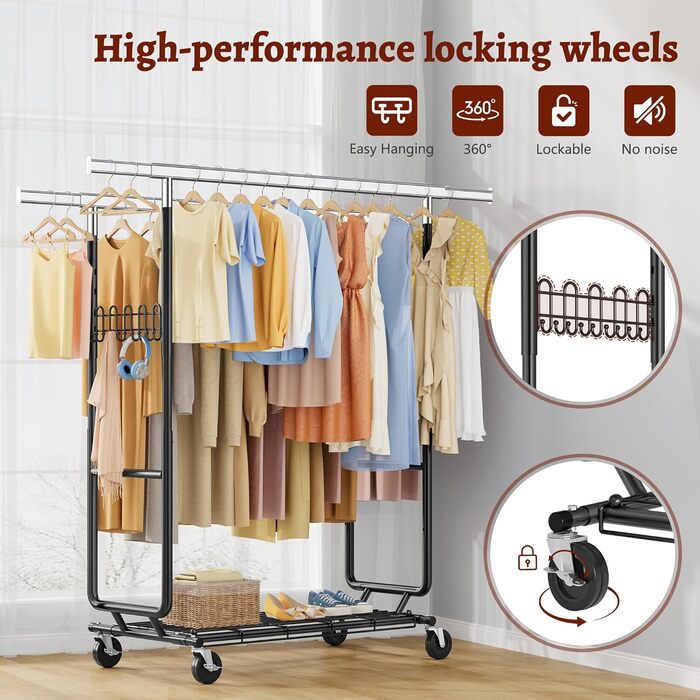 Стійка для одягу на колесах FAVOOOSTY, металева, мобільна, до 200 кг, чорна, 2 стійки