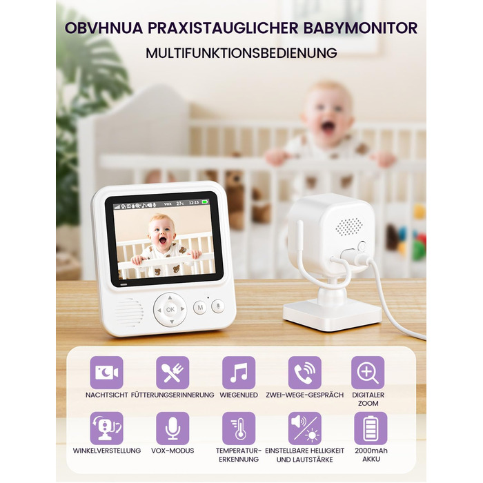 Відеоняня OBVHNUA з камерою 720P, IPS монітором 2.8