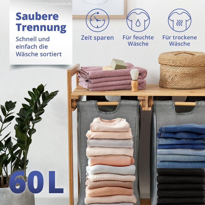 Кошик для білизни Lumaland з бамбука з 2 висувними мішками для білизни | Легкий у догляді, стійкий до вологи, легко очищується | Висота приблизно 73 см x 64 см ширина x 33 см глибина [Бежевий] 2 відділення для білизни, 2 мішки для білизни | Бежевий