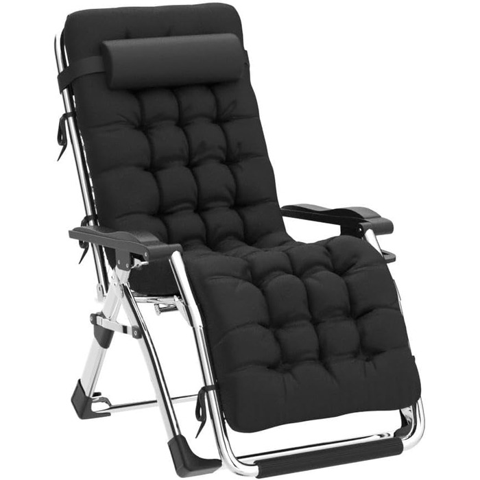 Розкішна лежанка для відпочинку: велика, складана, для саду, патіо, пляжу, басейну, з подушкою, витримує до 200 кг (чорна)