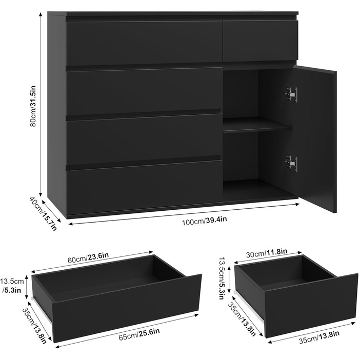 Комод FOREHILL чорний, 5 ящиків, 1 дверцята, 100x40x80см для спальні/вітальні, передпокою