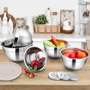 Набір мисок Homikit: 5 мисок з нержавіючої сталі з кришками та силіконовим дном, мультифункціональні, складані, придатні для миття в посудомийній машині, 6.6L / 3.5L / 2.5L / 1.5L / 1L (Хакі, з 3 тертками)