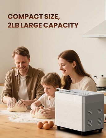 Хлібопічка Neretva з 17 програмами, об'ємом 2.2 кг, з дозатором горіхів та фруктів, керамічним антипригарним покриттям, для безглютенових продуктів, тіста, закваски та йогурту, срібна