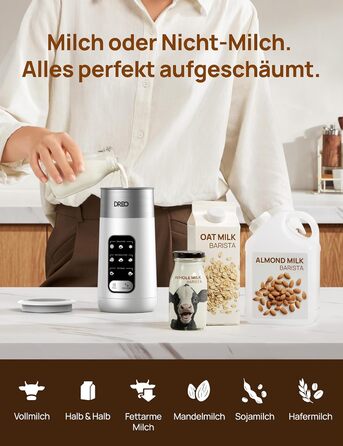 Dreo електричний спінювач молока 8-в-1 для лате арт, 270 мл, з підігрівом, LED, білий