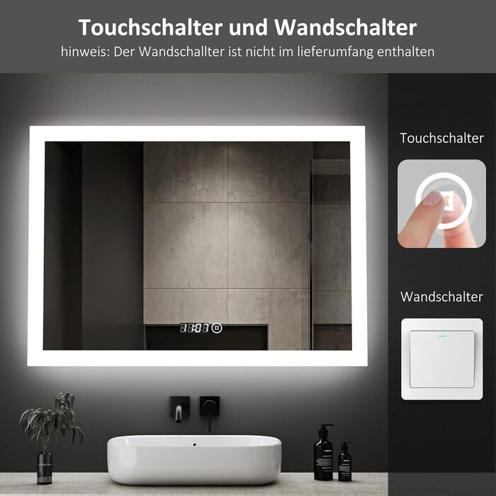 Дзеркало для ванної кімнати Boromal з підсвічуванням та годинником 50x70 см, LED, 3 кольори, регулювання яскравості, сенсорне керування