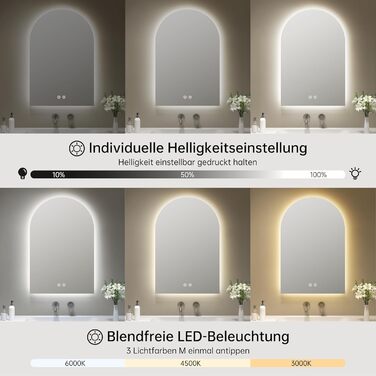 Дзеркало для ванної кімнати OUMUSU з підсвічуванням, 50x75 см, без рами, арочне, антизапотівальне, сенсорне керування, диммування, 3 кольори світла