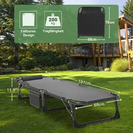 Розкладне ліжко – крісло, 200 кг, з матрацом, кишенями, регульованою спинкою та підголівником – для офісу, тераси, саду, кемпінгу та відпочинку (Сірий плюш)