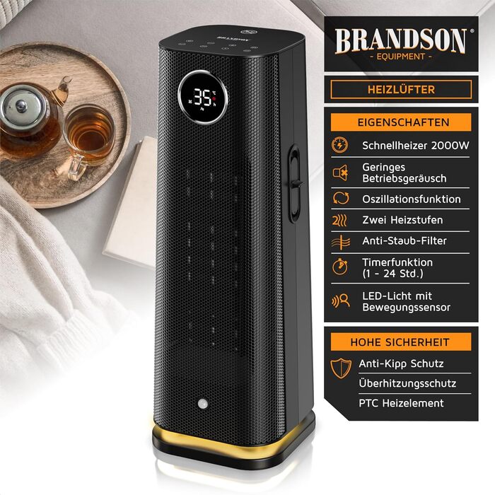 Обігрівач Brandson з пультом керування, 2000 Вт, ECO режим, осциляція, захист від дітей, таймер, LED-підсвічування, для ванної, вітальні, офісу, дитячої кімнати