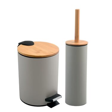 Набір для ванної кімнати Spirella Adonis 2 шт. косметичний контейнер з механізмом плавного закриття та щітка для унітазу з нержавіючої сталі бамбук з силіконовою щіткою (сірий, 5 л)