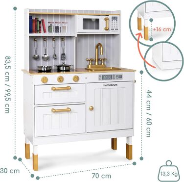 Дерев'яна дитяча кухня Mamabrum з LED-підсвічуванням - іграшковий кухонний набір з висотою, що регулюється, з приготуванням кубиків льоду, мікрохвильовою піччю, плитою та посудомийною машиною - іграшка для дітей від 3 років (Білий)