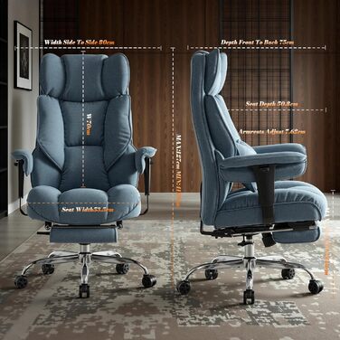 Ергономічний офісний стілець Efomao XXL до 200 кг, блакитний: крісло для важких користувачів з підставкою для ніг та товстим м'яким сидінням