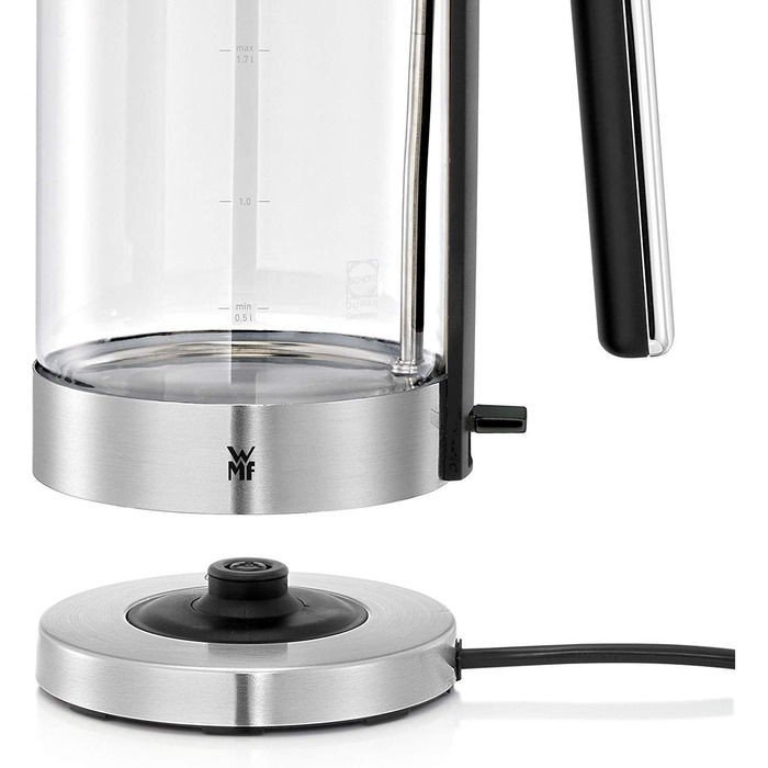 Електричний чайник WMF Lono зі скла, 1,7 л, з фільтром від накипу, бездротовий, 3000 Вт, матова нержавіюча сталь