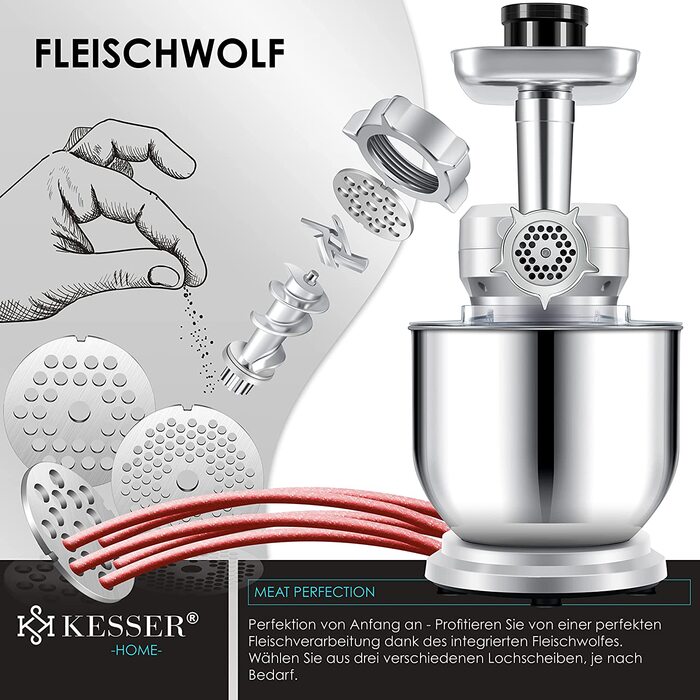 Кухонна машина KESSER 3 в 1 KM 3000 з м'ясорубкою, міксером та соковитискачем, 5.5л чаша, набір аксесуарів для пасти та випічки (срібна)