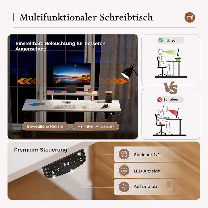 Регульований по висоті письмовий стіл Klicelor з LED-підсвіткою та розетками, 160x80 см, білий — геймерський стіл для офісу з підставкою під монітор та стільницею з 3 частин