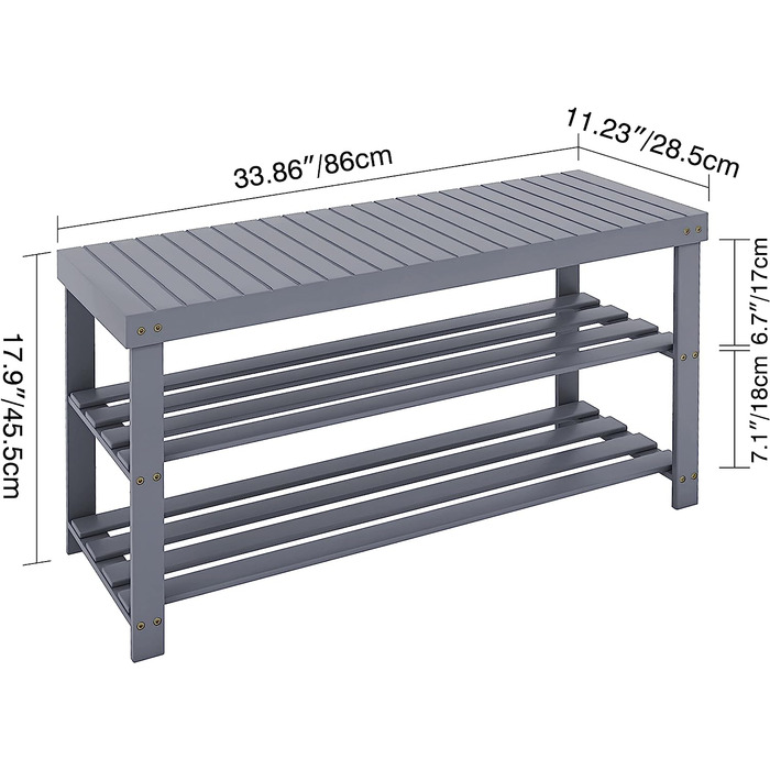 Лавка для взуття SMIBUY, бамбукова полиця для взуття, 3 поверхи, органайзер для взуття, полиця для зберігання речей в передпокої, ванній, вітальні ,передпокої (86 х 28,5 х 45,5 см (Ш х В х Г), Сірий)