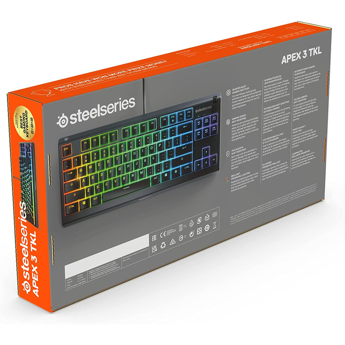Клавіатура SteelSeries Apex 3 TKL для геймінгу – RGB, компактний форм-фактор TKL, волого- та пилостійкість, тихі геймінгові клавіші, DE Layout QWERTZ, чорний колір