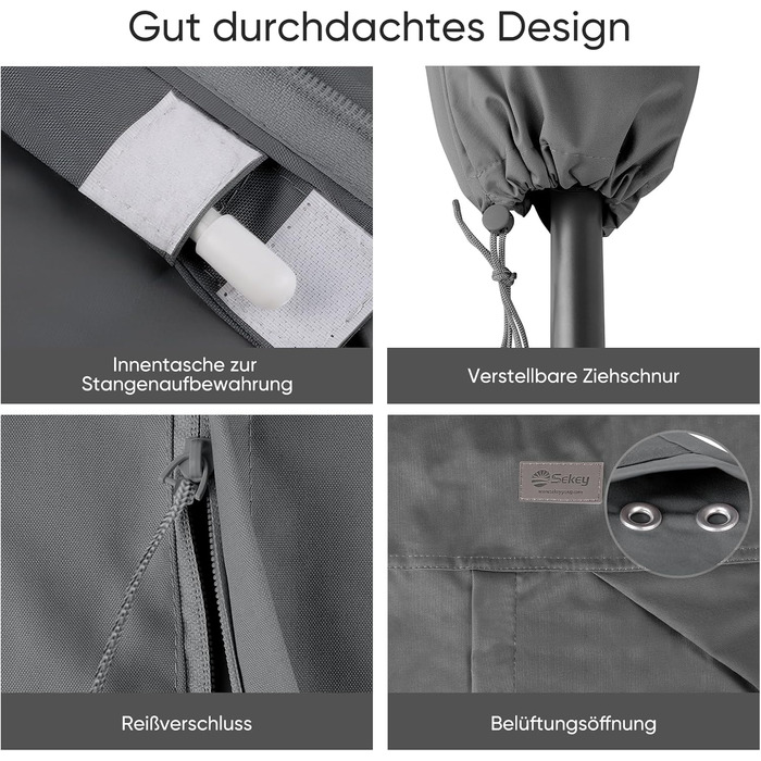 Захисний чохол для парасольки від сонця, 260x65 см, сірий