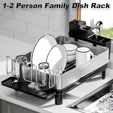 Сушарка для посуду Ewaiira з нержавіючої сталі, чорна, 1 ярус, з обертовим краном 360° та тримачем для столових приладів