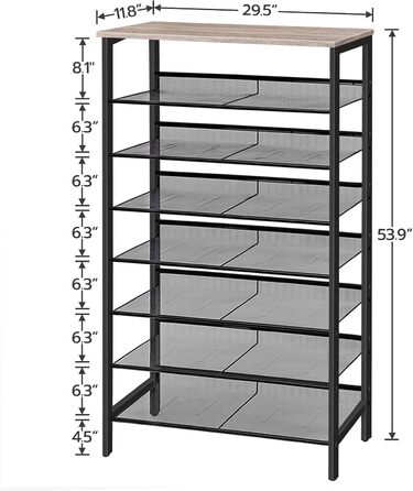 Полиця для взуття HOOBRO 8 ярусів, тумба для взуття висока, велика вузька полиця для взуття, плоскі та з відкидною сіткою, металева, на 24-32 пари, для передпокою, вінтажна коричнево-чорна EBF18XJ01