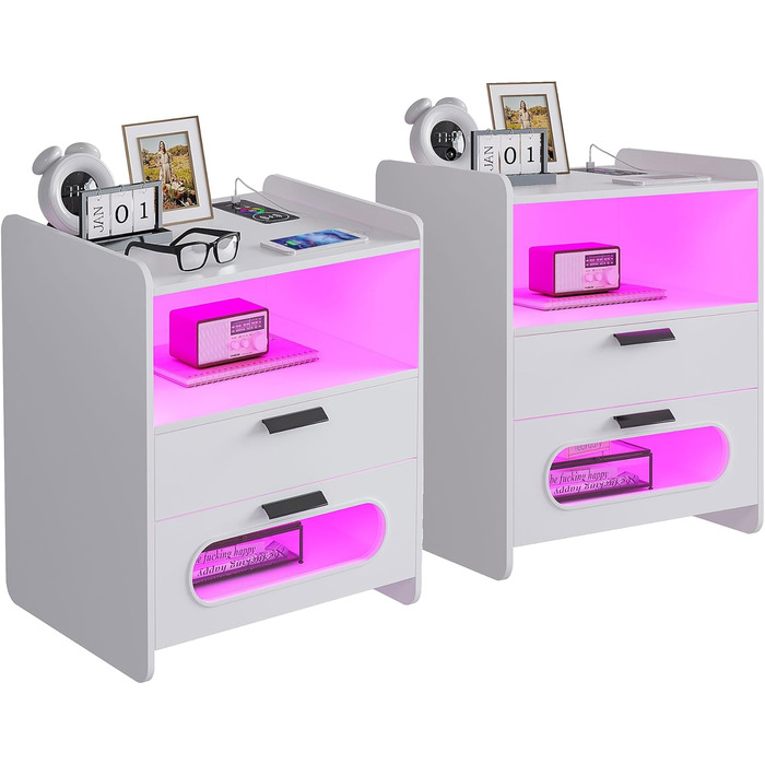 LED тумба Gurexl, комплект 2 шт., з USB Type-C зарядкою, 24-рівневе димування, сенсор, 2 шухляди, глянцева, для спальні, біла