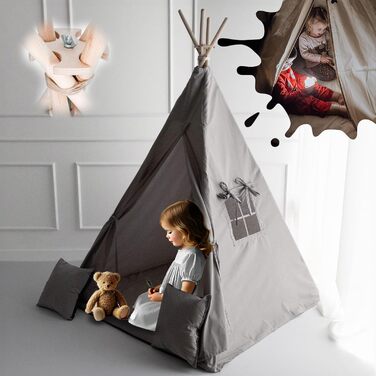 Дитяче намет PaLulli® Tipi з бавовни, матрац, система стабілізації, ліхтар та декоративні подушки (сірий)