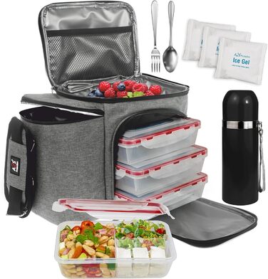 Ланч-бокс A2S Complete Meal Prep - Набір 8 шт. сумка-холодильник, контейнери для бенто, термос, гель для льоду, сірий/чорний