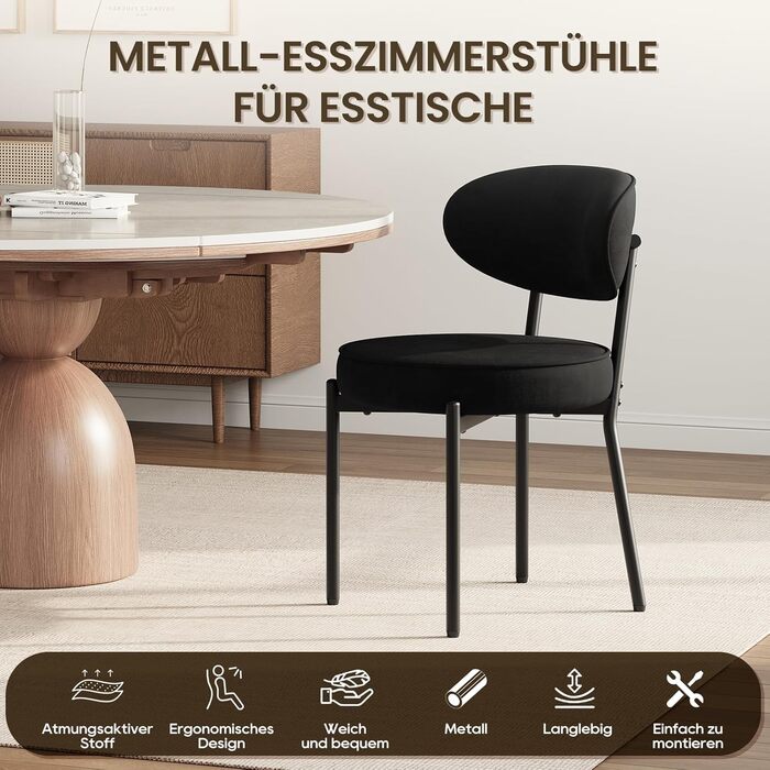 Обідні стільці COLAMY з м'яким сидінням 10 см – Сучасні стільці з плюшевої тканини Teddy, міцний металевий каркас, для кухні та вітальні, білий (чорний, набір 2 шт.)