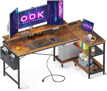 Кутовий стіл ODK L-подібної форми з USB-портом та розеткою, геймінговий стіл з полицею, для офісу (колір: коричневий, 147x80 см)