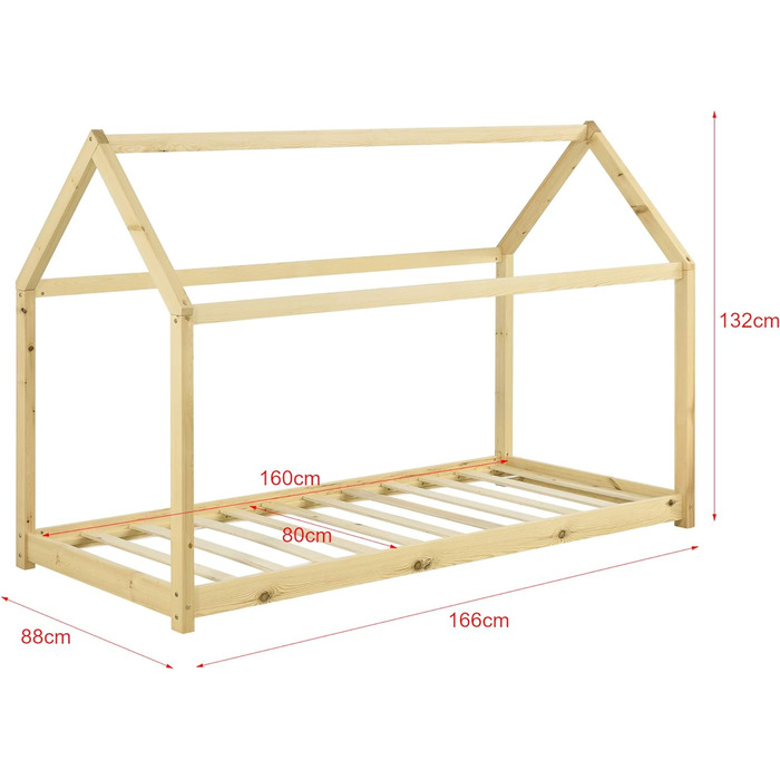 Дитяче ліжко Дерев'яний будиночок Netstal дерев'яний будиночок Ліжко для дітей Ліжко для дитячої кімнати Соснова деревина (натуральне дерево, 80x160см)