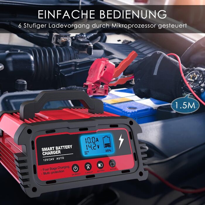 Зарядний пристрій для акумулятора 12V/24V LEICESTERCN - Автомобільний, мотоциклетний, з LCD, 5/10/25A, 6-ступінчастий, з багаторазовим захистом