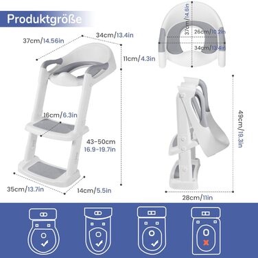 Сидіння для унітазу дитяче з драбинкою DEANIC, м'яке PU, для дітей 1-7 років, універсальний розмір 38-47 см (Сірий)