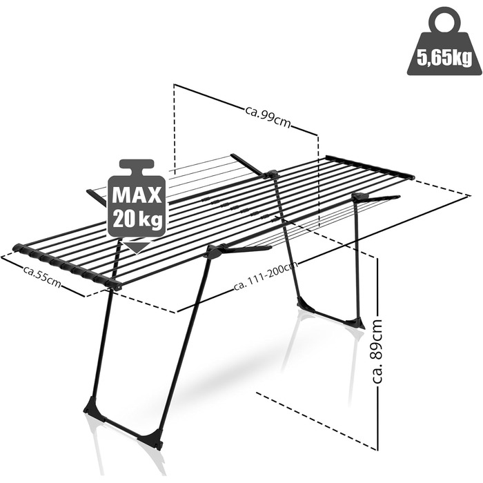 Розсувна сушарка для білизни BigDean Jumbo чорна, довжина стрічок 28м, посилені льон-троси