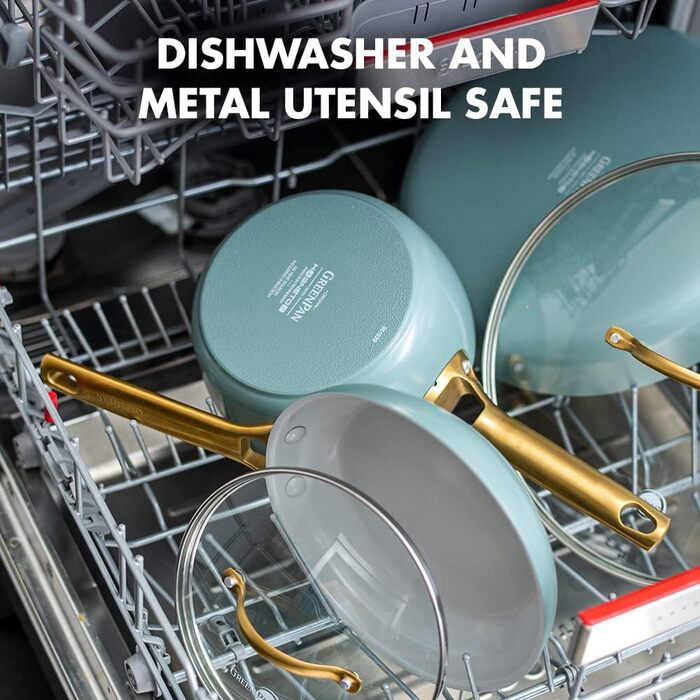 Каструля GreenPan Padova Reserve з антипригарним покриттям Hartelox, 18 см, 2 л, з кришкою з термостійкого скла, PFAS-free, для індукційних плит, з золотим ручками, придатна для миття в посудомийній машині та для випікання, колір: Димчастий блакитний (з ф