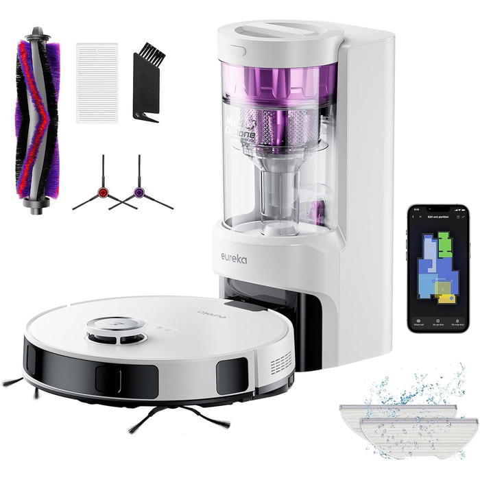 Робот-пилосос EUREKA E10s 2.Gen з вологою тканиною + станція самоочищення (4000Pa, автовиявлення килима, підйом мопа, LiDAR-навігація, ідеально для видалення шерсті тварин, керування через додаток/голос) (білий)