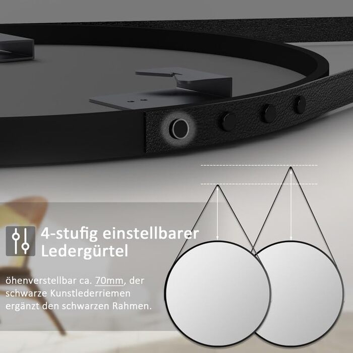 Круглий дзеркало Boromal Schwarz діаметром 40 см з реміннем, велике кругле дзеркало для ванної кімнати, спальні, вітальні, передпокою, з підвішуванням на стіну, з шкіряним реміннем