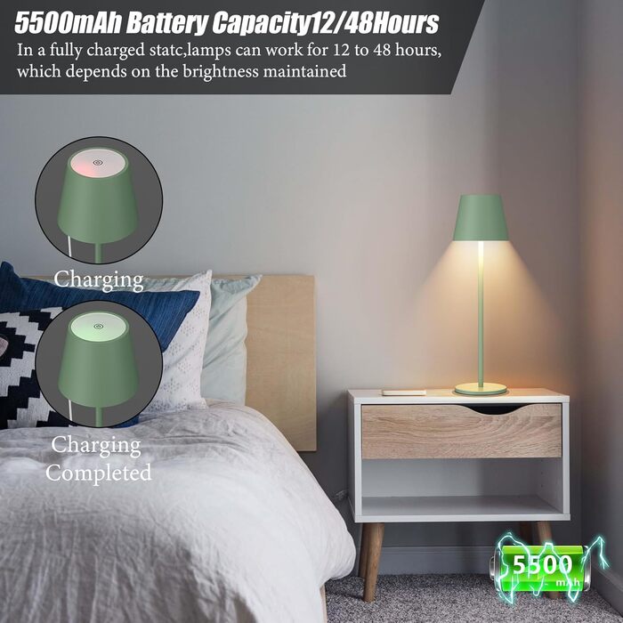 Aipsun LED настільна лампа акумуляторна, регульоване світло, зелена, 5500mAh, IP54, для ресторану, спальні, бару