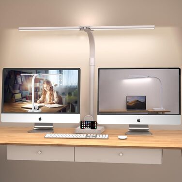 LED настільна лампа LOTTBUTY з диммуванням, 24W, 80см, для офісу та дому, з гнушим шийкою та тримачем для телефону (біла)