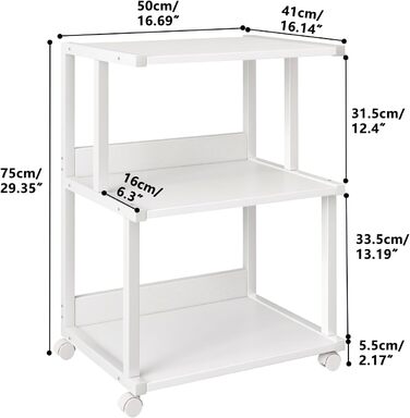 Стійка для принтера IBUYKE з полицею, 3-рівнева, на колесах, для офісу та дому, мобільна, для термопреса, мікрохвильової печі та міні-холодильника TPS001H (Weiß)