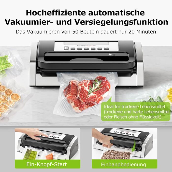 Вакууматор Bonsenkitchen для продуктів, потужний вакуумний пакувальник (15л/хв) з вбудованим різаком та ручкою-фіксатором, чорний