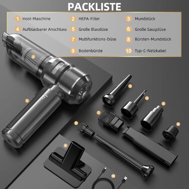 Акумуляторний ручний пилосос 26000Па 4-в-1 з безщітковим двигуном для авто, дому та шерсті тварин, 3 режими потужності, темно-сірий