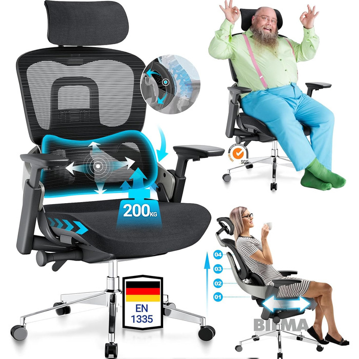 Офісне крісло MELOKEA ReliefBack Master: ергономічне, 200 кг, 4D підлокітники, регулювання глибини сидіння, 3D підголівник, чорне