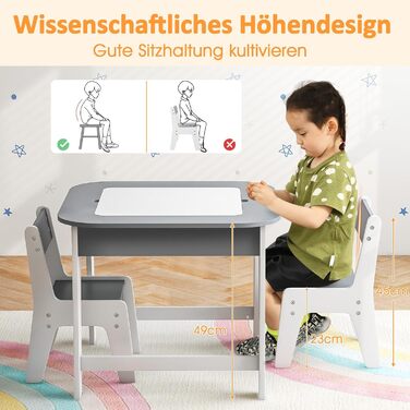 Дитячий стіл DREAMADE з 2 стільцями: комплект меблів для дитячої кімнати з двосторонньою стільницею та місцем для зберігання, 3-ох частинний набір для дітей від 3 років, підходить для дитячих кімнат та садочків (натуральний+білий) (сірий+білий)