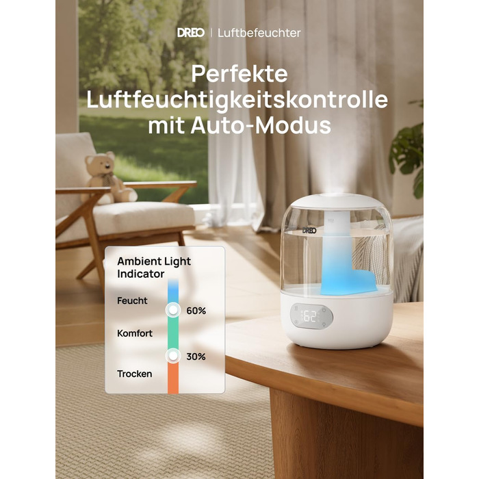 Зволожувач повітря Dreo для спальні: ультразвуковий, холодний туман, 3L, датчик вологості, нічник, для дітей, кімнатних рослин та дому (білий)