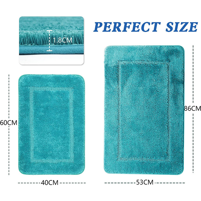 Килимок для ванної SOANNY, набір з 2 предметів, м'який нековзний килимок для ванної з мікрофібри високої щільності, килимок для ванної 53x86 см і килимок для унітазу 50x50 см, килимок для душа (40x60 і 53X86 см, Бірюзовий)