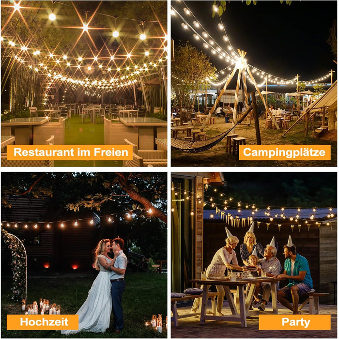 LED гірлянда на батарейках для зовнішнього використання, 10 метрів, 17+1 тепле світло G40, вологостійка IP45, для саду, балкону, тераси