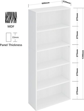 Книжкова шафа Panana, дерев'яна полиця з 5 відділеннями, 60 x 23,5 x 139 см, біла, для вітальні/офісу/кабінету