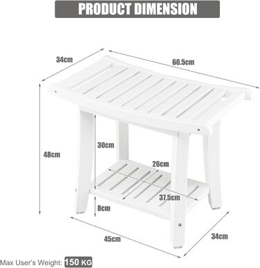 Двомісний стілець для душу HOMASIS з полицею, до 170 кг, HDPE, з ручками та антиковзними накладками, для літніх людей та дорослих (білий)