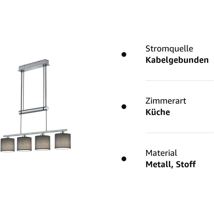 Освітлення сучасний підвісний світильник Marita 4-полум'я нікель матовий метал, тканинний абажур сірий, регулюється по висоті, без 4 x E14 макс. 28 Вт, висота 95-150 см, ширина 77 см Підвісний світильник сірий