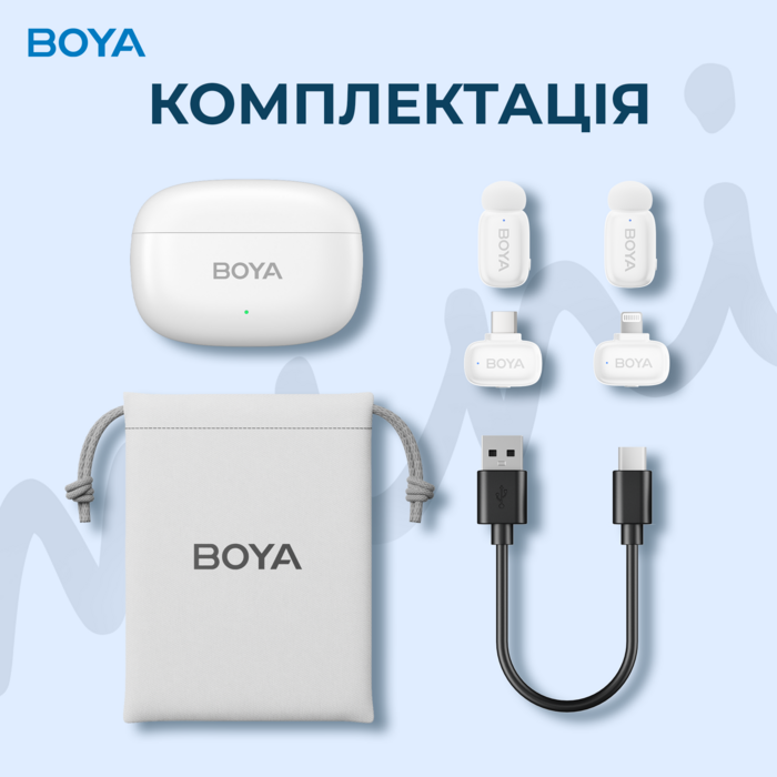 Бездротовий петличний мікрофон BOYA mini-13 Type-C/Lightning White