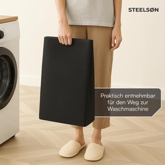 Сортувальник для білизни STEELSØN Rigil з 2 відділеннями, бамбукова полиця, 2 x 45 л, чорний, металевий, знімні мішки для білизни